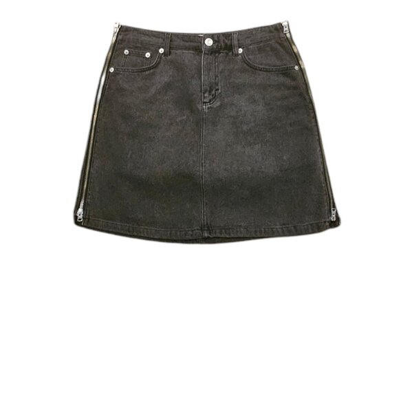 French Connection Zip-Up Black Denim Mini Skirt W/Side Zipper & Pockets Size 10 - Picture 4 of 10